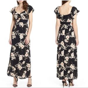 Row A NWT Twist Front Cap Sleeve Maxi Dress Black Floral Size Large